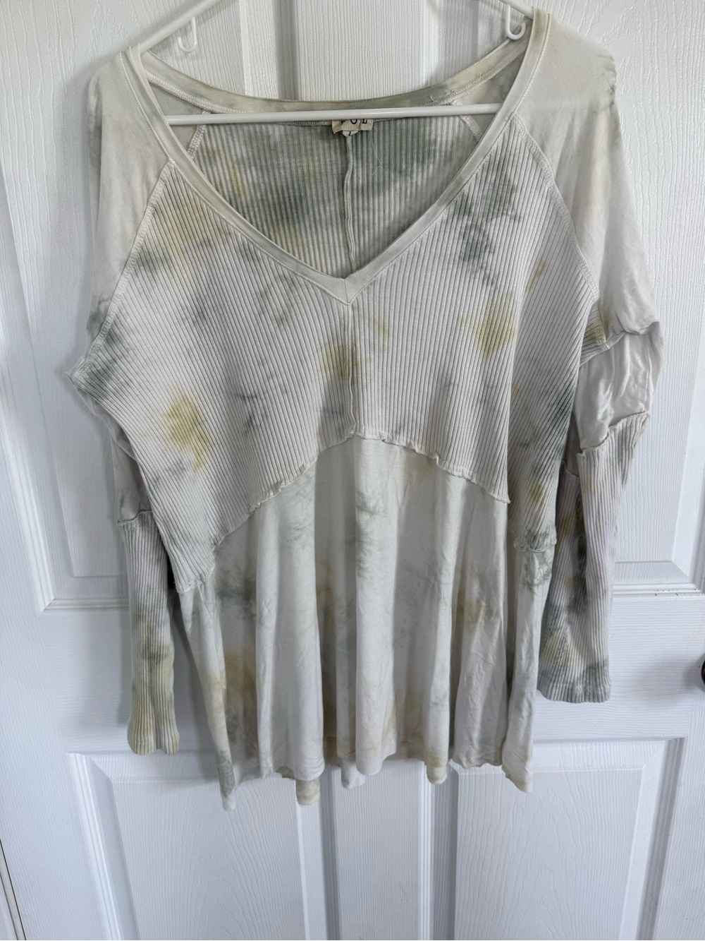 POL Large Tie Dye Ribbed Boho Hippie Oversized V Neck Long Sleeve Top Fall